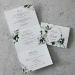 Emerald Greenery | Green Back Wedding All In One Tri-Fold Invitation<br><div class="desc">This emerald greenery green back wedding all in one tri-fold invitation is perfect for a boho wedding. The elegant yet rustic design features moody dark green watercolor leaves and eucalyptus with a modern bohemian woodland feel. Your entire wedding suite all in one! This folded invitation includes your wedding invitation, details,...</div>