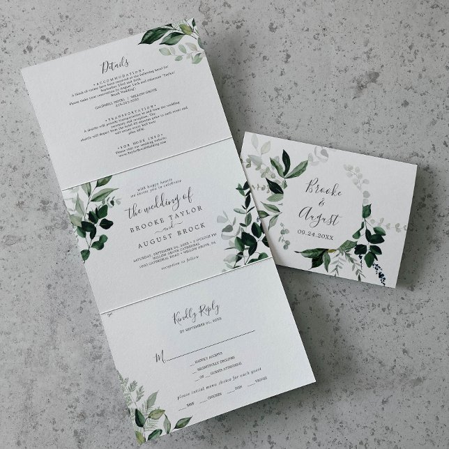 Emerald Greenery | Green Back Wedding All In One Tri-Fold Invitation (Creator Uploaded)