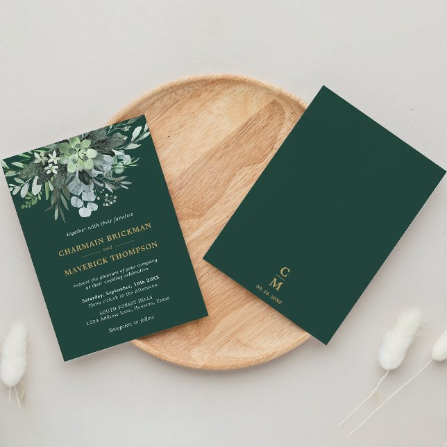 Emerald Greenery Green leaf Gold Monogram Wedding Invitation (Creator Uploaded)
