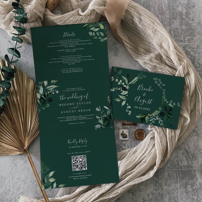 Emerald Greenery | Green Photo QR Code Wedding Tri-Fold Invitation (Creator Uploaded)