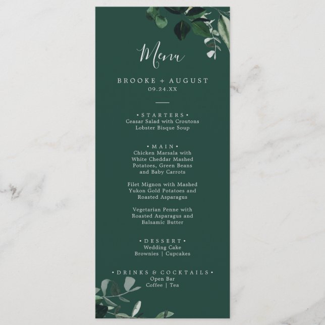 Emerald Greenery | Green Wedding Dinner Menu (Front)