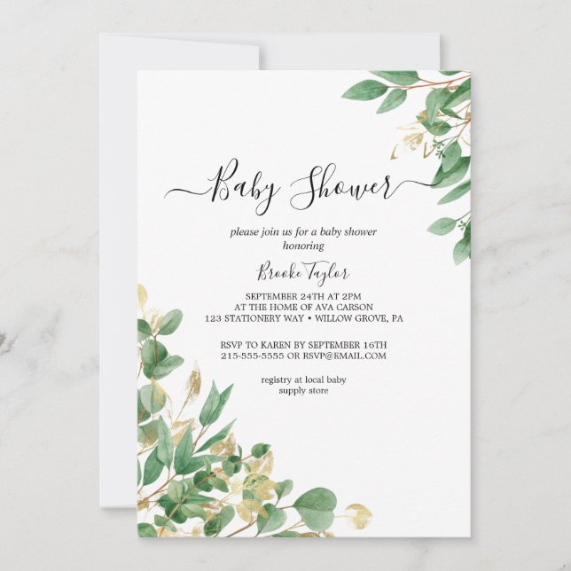 Emerald Greenery | Grey Baby Shower Invitation (Front)