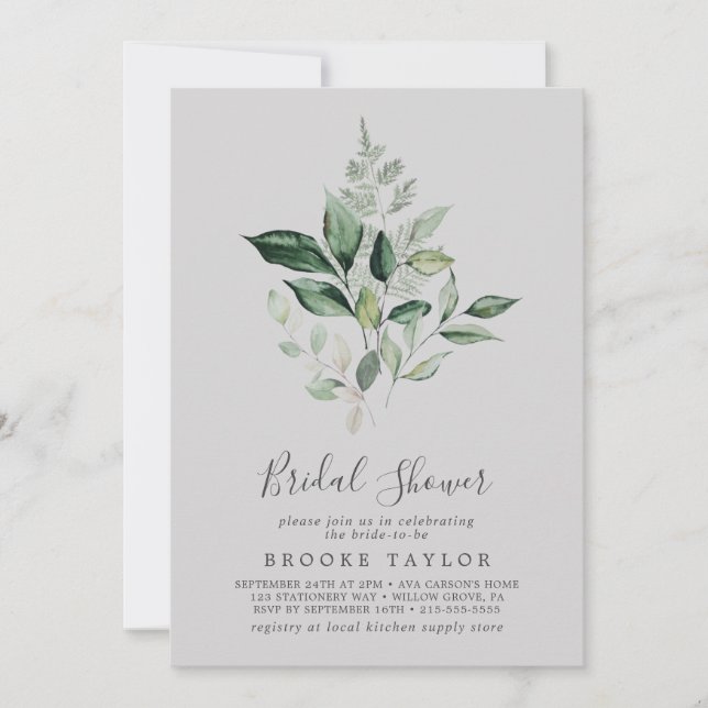 Emerald Greenery | Grey Bridal Shower Invitation (Front)