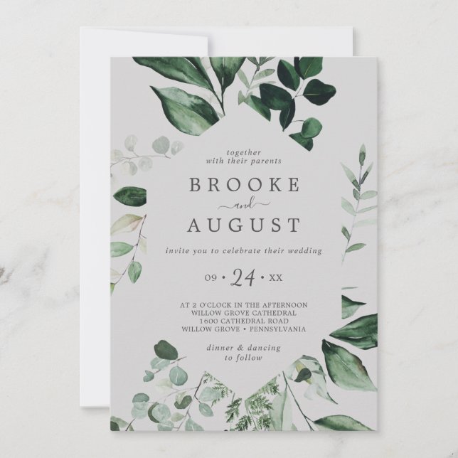 Emerald Greenery | Grey Casual Wedding Invitation (Front)