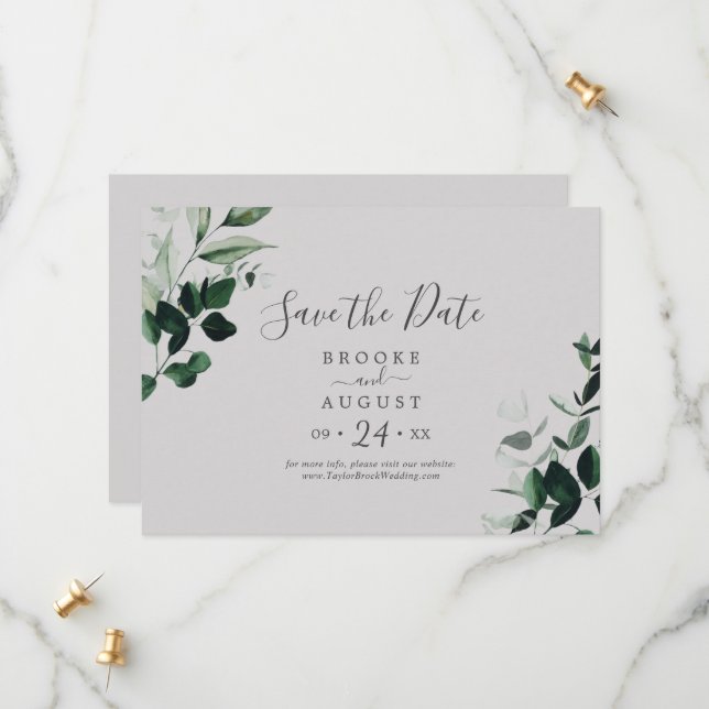 Emerald Greenery | Grey Horizontal Save The Date (Front/Back In Situ)