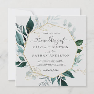Emerald Greenery Grey Square Gold Leaf Wedding  Invitation