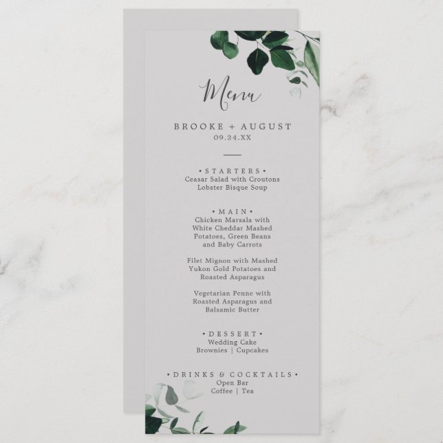 Emerald Greenery | Grey Wedding Dinner Menu (Front/Back)