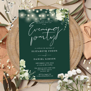 Emerald Greenery Lights Wedding Evening Party Invitation