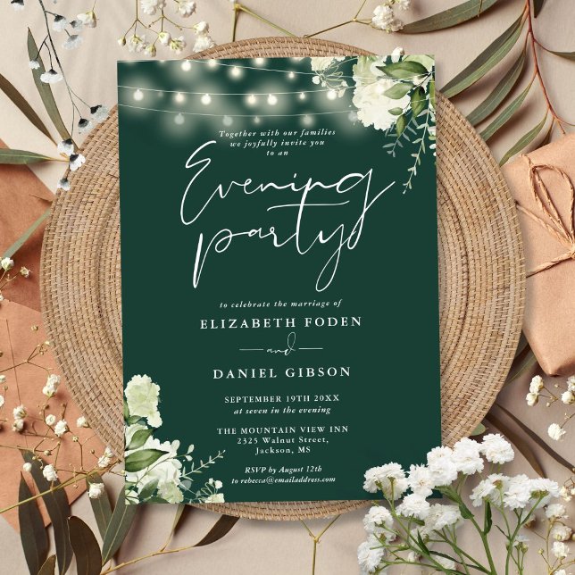 Emerald Greenery Lights Wedding Evening Party Invitation (Emerald Greenery Lights Wedding Evening Party Invitation)