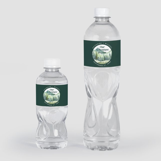 Emerald Greenery Mountain Pine Rustic Wedding Water Bottle Label (Creator Uploaded)