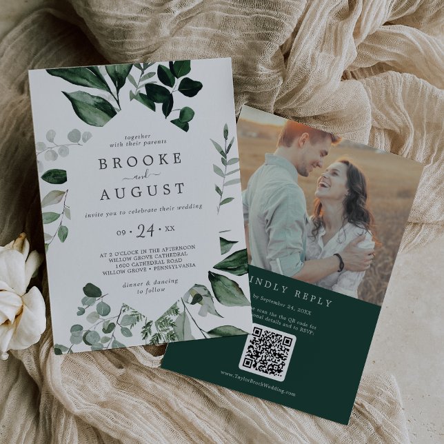 Emerald Greenery Photo QR Code Back Wedding Invitation (Creator Uploaded)