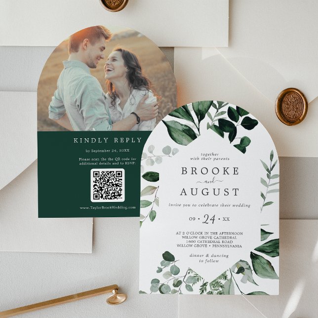 Emerald Greenery Photo QR Code Boho Arch Wedding Invitation (Emerald Greenery Photo QR Code Boho Arch Wedding Invitation)