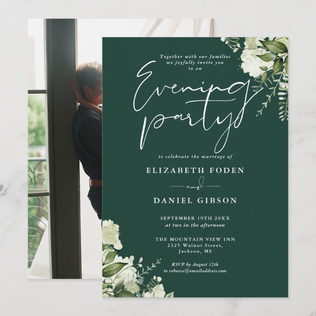 Emerald Greenery Photo Wedding Evening Party Invitation (Front/Back)