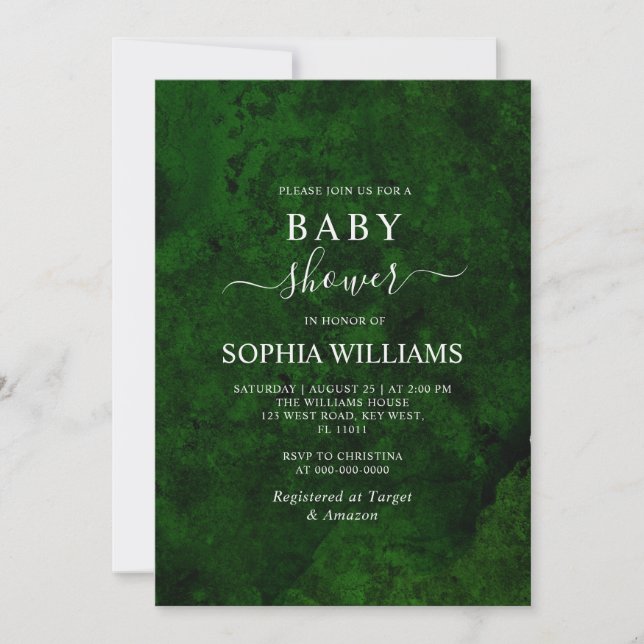 Emerald Greenery & Silver Calligraphy Baby Shower Invitation (Front)