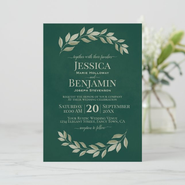 Emerald Greenery Simple Watercolor Leaves Wedding Invitation (Standing Front)