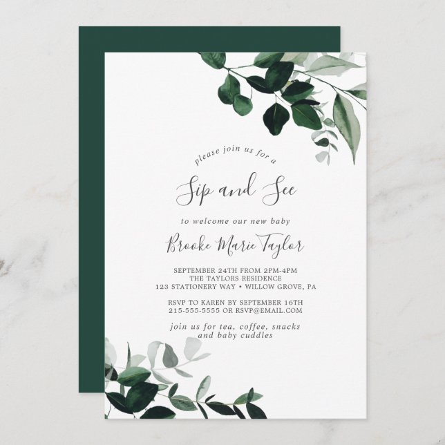 Emerald Greenery Sip and See Invitation (Front/Back)