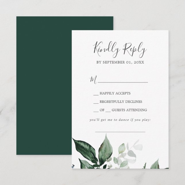 Emerald Greenery Song Request Wedding RSVP Card (Front/Back)