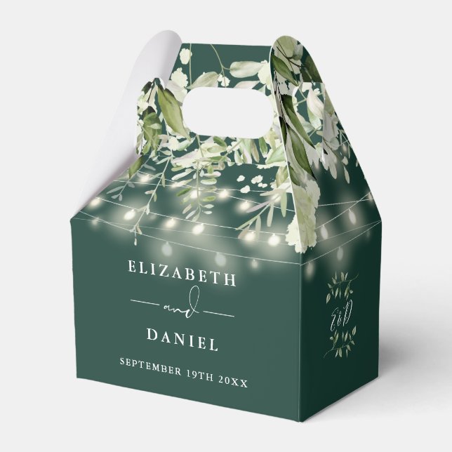 Emerald Greenery String Lights Monogram Wedding Favour Box (Front Side)