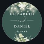 Emerald Greenery String Lights Wedding Favour Classic Round Sticker<br><div class="desc">Elegant emerald green floral greenery string lights sticker personalised with your names and special date. Designed by Thisisnotme©</div>