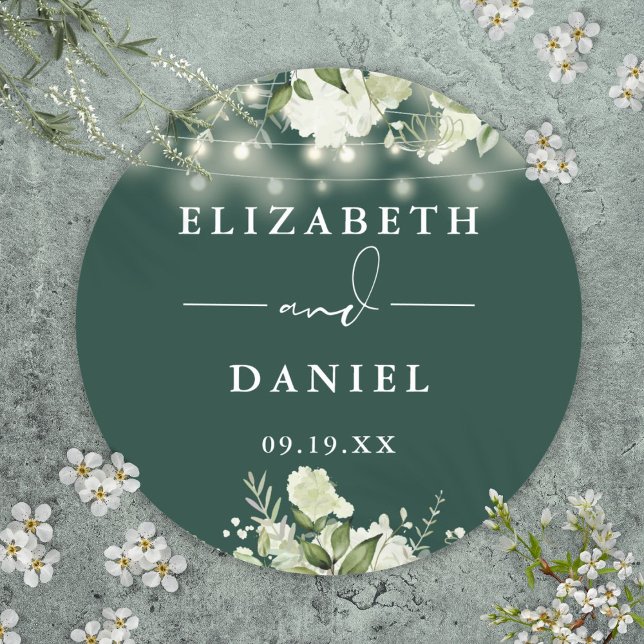 Emerald Greenery String Lights Wedding Favour Classic Round Sticker (Emerald Greenery String Lights Wedding Favor Classic Round Sticker)