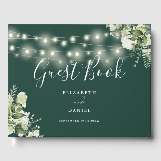 Emerald Greenery String Lights Wedding Guest Book (Front)