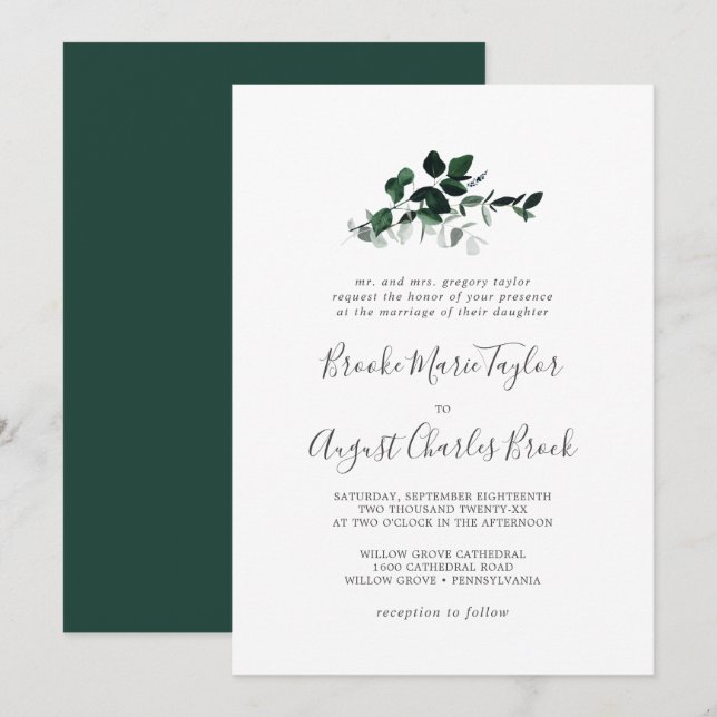 Emerald Greenery Traditional Wedding Invitation (Front/Back)