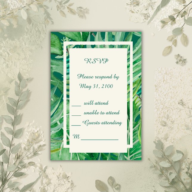emerald greenery tropical wedding  RSVP card (Creator Uploaded)