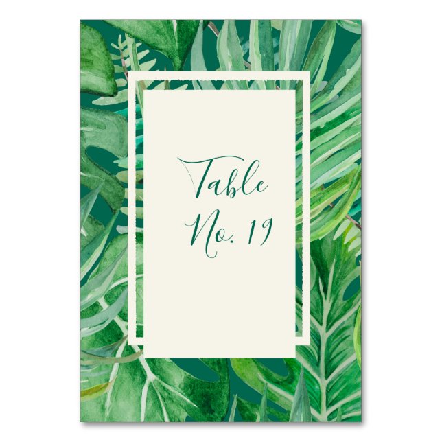 emerald greenery tropical wedding table number (Front)