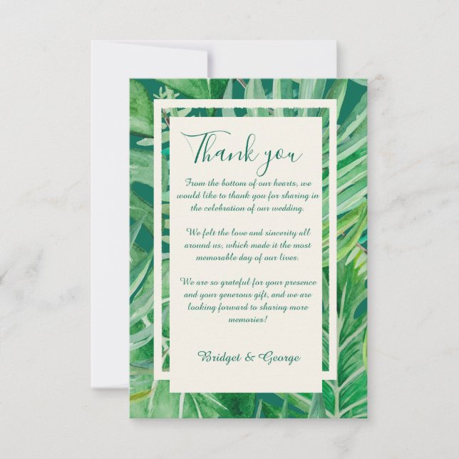 emerald greenery tropical wedding  thank you card (Front)