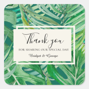 emerald greenery tropical wedding thank you square sticker