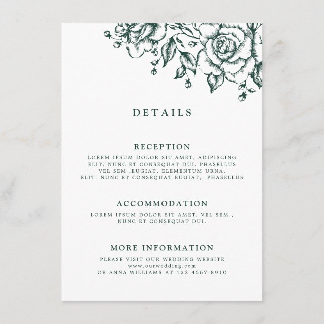 Emerald Greenery Vintage Botanical Wedding Details Enclosure Card (Front)