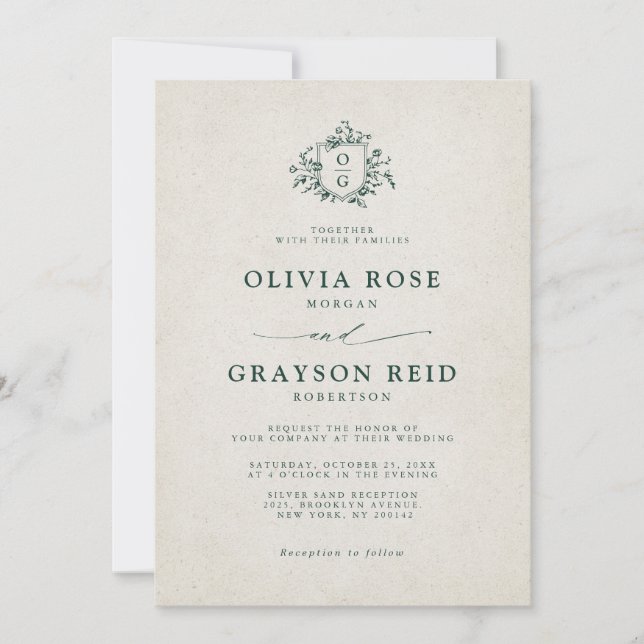 Emerald Greenery Vintage Botanical Wedding Invitation (Front)
