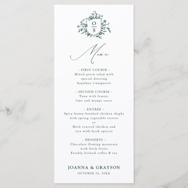 Emerald Greenery Vintage Botanical Wedding Menu (Front)