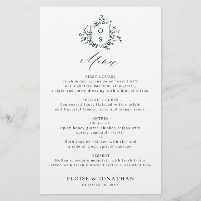 Emerald Greenery Vintage Botanical Wedding Menu (Front)