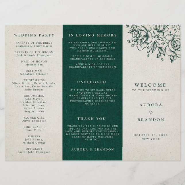 Emerald Greenery Vintage Botanical Wedding Program (Front)