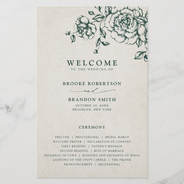 Emerald Greenery Vintage Botanical Wedding Program (Front)