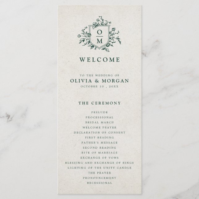 Emerald Greenery Vintage Botanical Wedding Programme (Front)