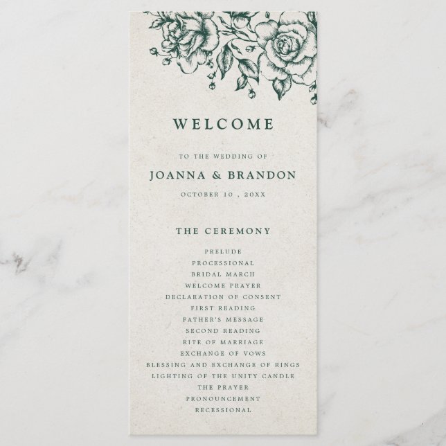 Emerald Greenery Vintage Botanical Wedding Programme (Front)