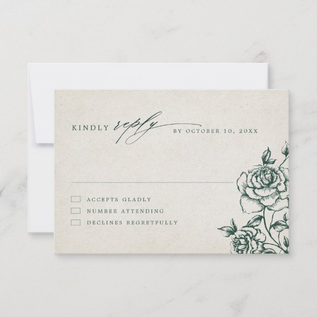 Emerald Greenery Vintage Botanical Wedding RSVP Card (Front)