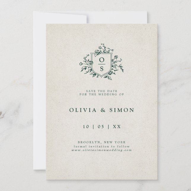Emerald Greenery Vintage Botanical Wedding Save The Date (Front)