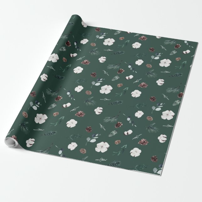 Emerald Greenery Vintage Merry Christmas Wrapping Paper (Unrolled)