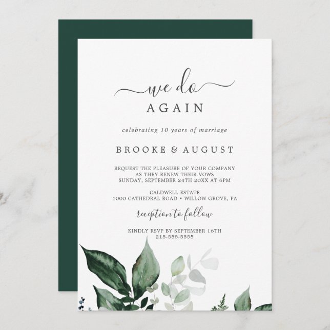 Emerald Greenery We Do Again Vow Renewal Invitation (Front/Back)