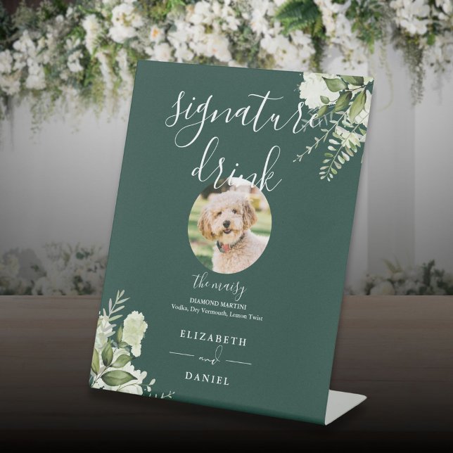 Emerald Greenery Wedding Pet Signature Drink Pedestal Sign (Emerald Greenery Wedding Pet Signature Drink Pedestal Sign)