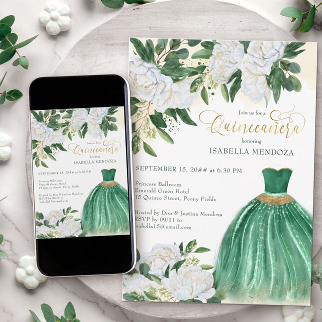 Emerald Greenery White Peony Princess Quinceanera  Invitation (Princess Gown quinceanera invitation from my Emerald Greenery and White Peony Collection)