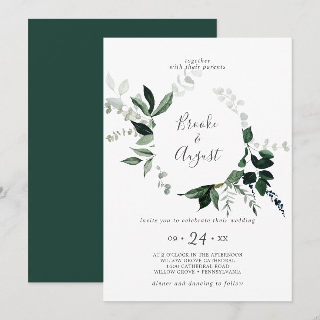 Emerald Greenery Wreath Wedding Invitation (Front/Back)