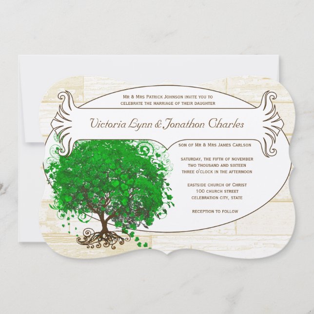 Emerald Heart Leaf Tree Barn Wood Wedding Invitation (Front)