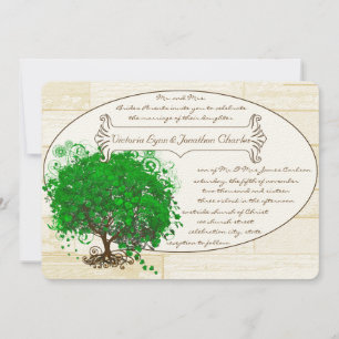 Emerald Heart Leaf Tree Barn Wood Wedding Invitation