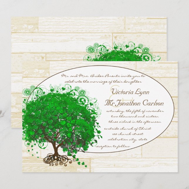 Emerald Heart Leaf Tree Barn Wood Wedding Invitation (Front/Back)