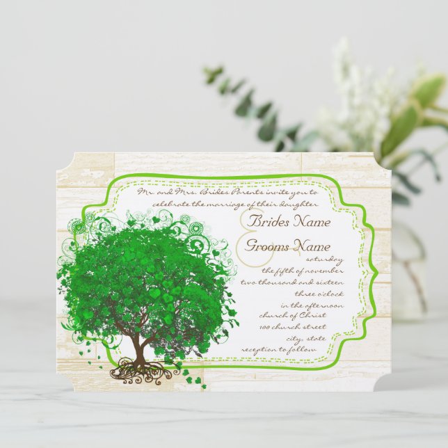 Emerald Heart Leaf Tree Barn Wood Wedding Invitation (Standing Front)