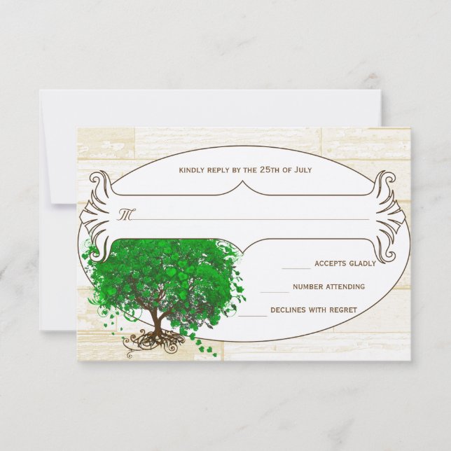 Emerald Heart Leaf Tree Barn Wood Wedding RSVP (Front)